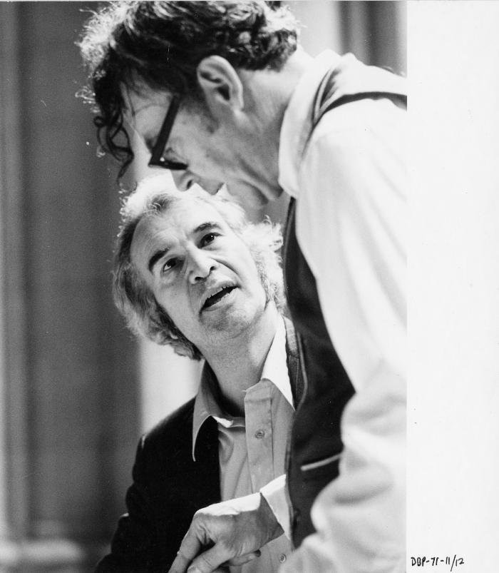 Dave Brubeck at piano talking with R. Wayne Dirksen, conductor, Rehearsing "Gates of Justice" (National Cathedral, Washington, D.C.)