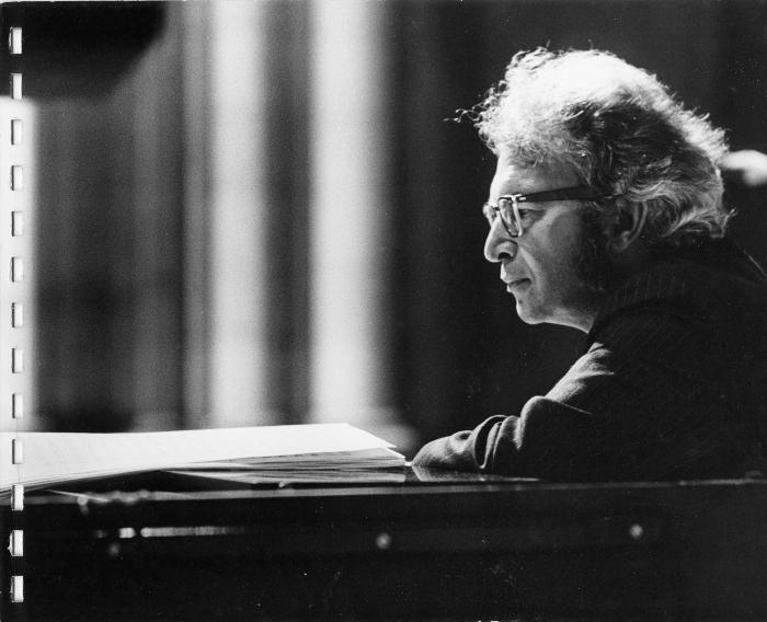 Dave Brubeck profile at piano rehearsing "Gates of Justice" (National Cathedral, Washington, D.C.)