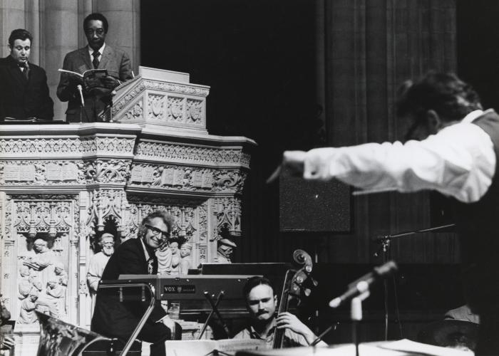 Dave Brubeck at piano, Cantor Harold Orbach, McHenry Boatwright singing, R. Wayne Dirksen conducting orchestra rehearsing "Gates of Justice" (National Cathedral, Washington, D.C.)