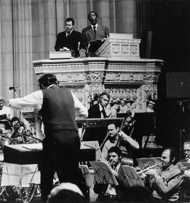 Dave Brubeck at piano, Cantor Harold Orbach, McHenry Boatwright singing, R. Wayne Dirksen conducting orchestra rehearsing "Gates of Justice" (National Cathedral, Washington, D.C.)