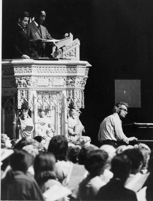 Dave Brubeck at piano, Cantor Harold Orbach, McHenry Boatwright singing, rehearsing "Gates of Justice" (National Cathedral, Washington, D.C.)