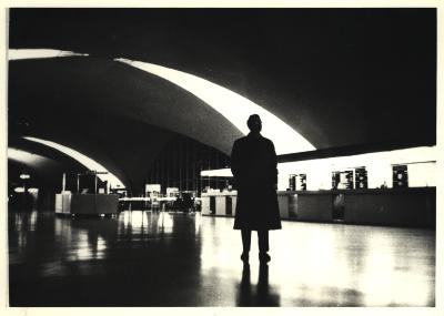 Dave Brubeck silhouetted against airline terminal