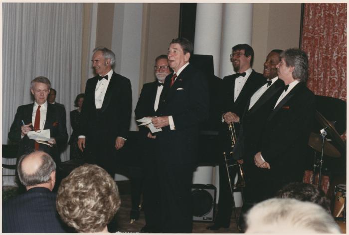 Dave Brubeck, Bill Smith, Chris Brubeck, Eugene Wright, Randy Jones, Ronald Reagan (Spaso House, Moscow, Russia)