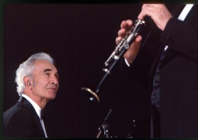 Dave Brubeck in performance, Bill Smith's clarinet in foreground #3